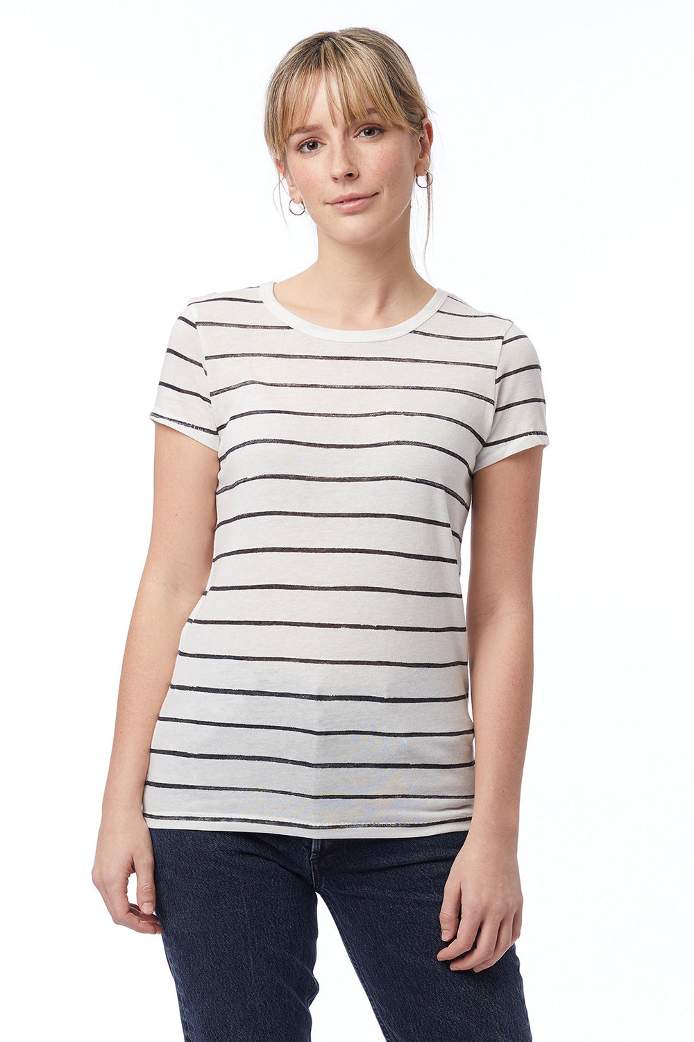 Alternative 1940 Womens Ideal Short Sleeve Crewneck T-Shirt Eco Ivory Ink Stripe Model Front