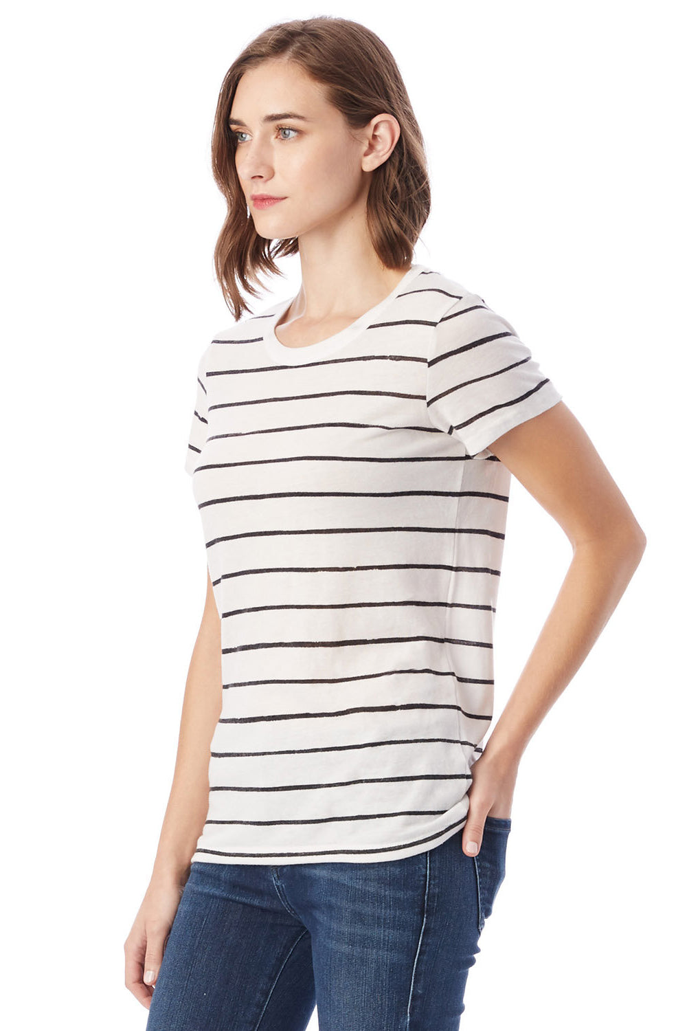 Alternative 1940 Womens Ideal Short Sleeve Crewneck T-Shirt Eco Ivory Ink Stripe Model Side