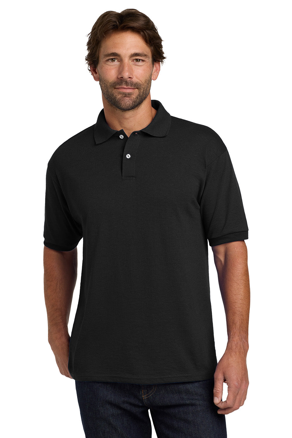 Hanes 054X/054 Mens EcoSmart Short Sleeve Polo Shirt Black Model Front