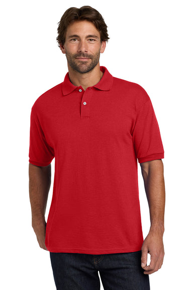 Hanes 054X/054 Mens EcoSmart Short Sleeve Polo Shirt Deep Red Model Front