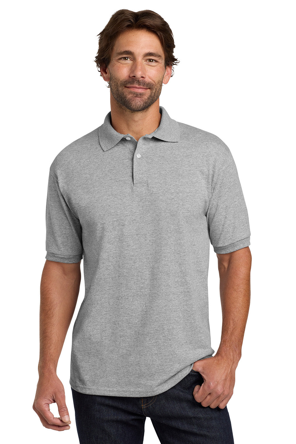 Hanes 054X/054 Mens EcoSmart Short Sleeve Polo Shirt Light Steel Grey Model Front