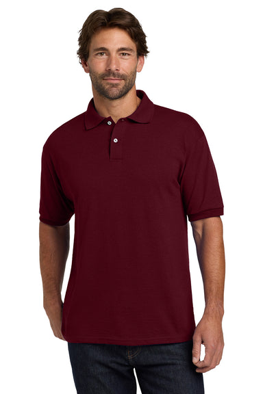 Hanes 054X/054 Mens EcoSmart Short Sleeve Polo Shirt Maroon Model Front