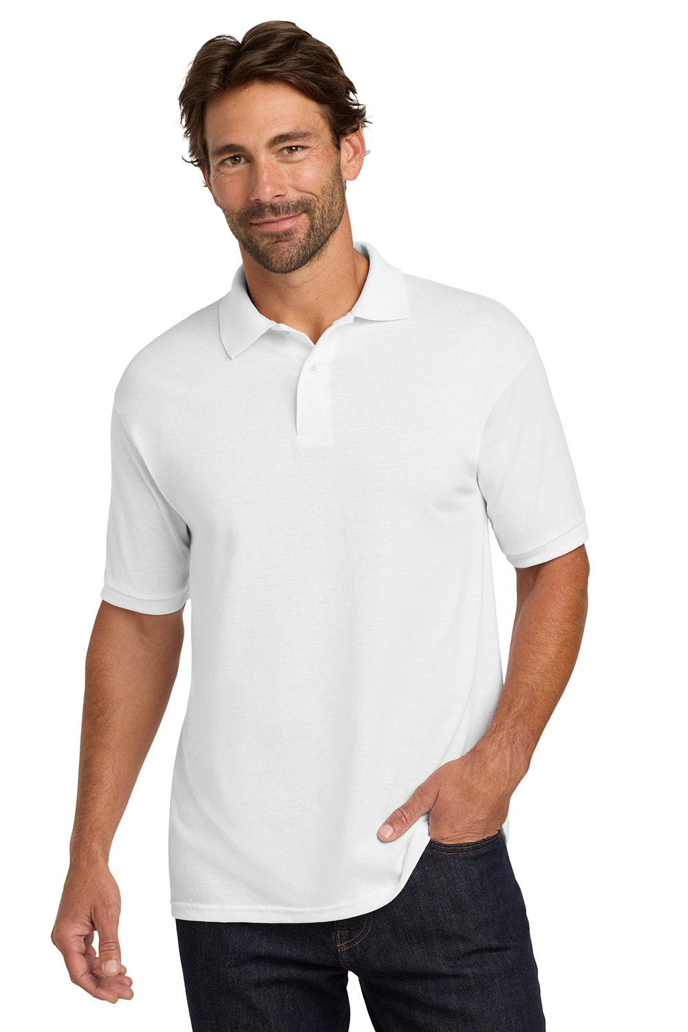 Hanes 054X/054 Mens EcoSmart Short Sleeve Polo Shirt White Model Front