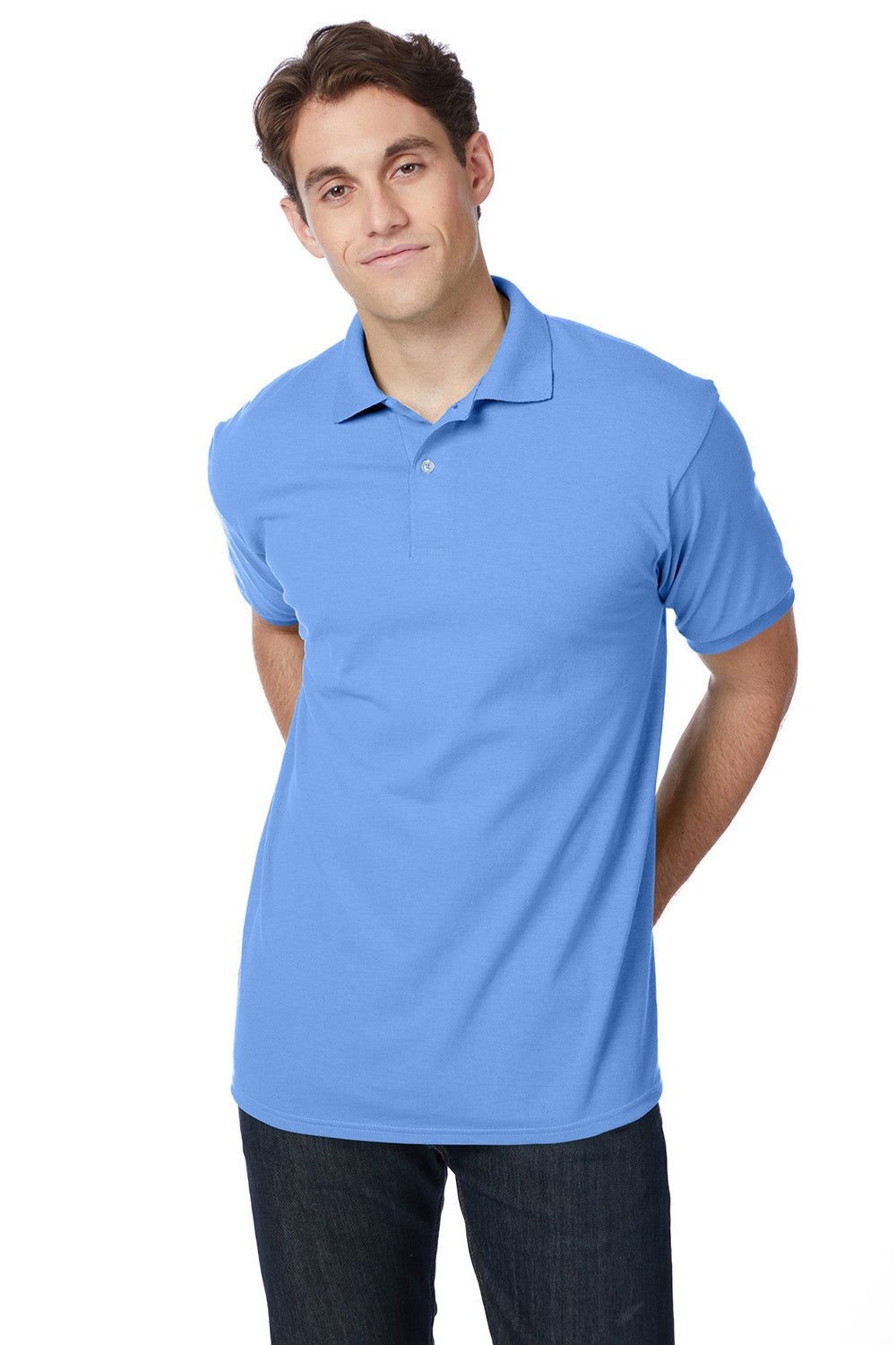 Hanes 054X/054 Mens EcoSmart Short Sleeve Polo Shirt Carolina Blue Model Front