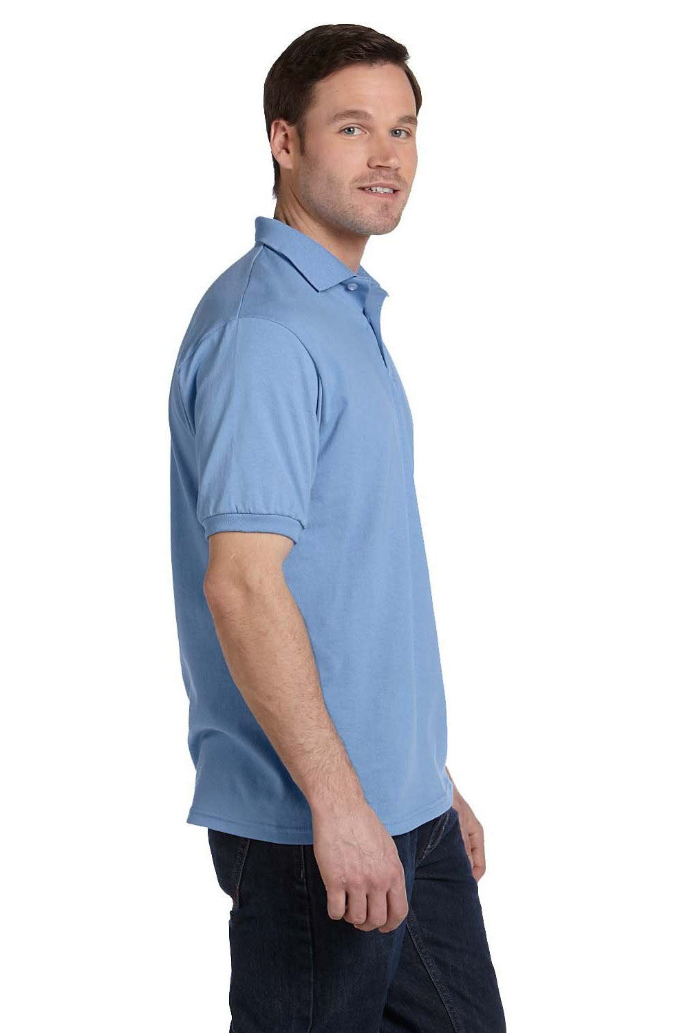 Hanes 054X/054 Mens EcoSmart Short Sleeve Polo Shirt Carolina Blue Model Side