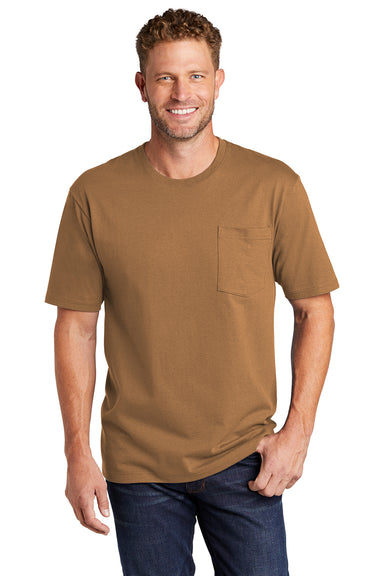 CornerStone CS430 Mens Short Sleeve Crewneck T-Shirt w/ Pocket Duck Brown Model Front