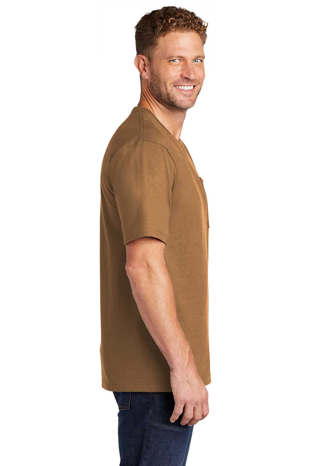 CornerStone CS430 Mens Short Sleeve Crewneck T-Shirt w/ Pocket Duck Brown Model Side