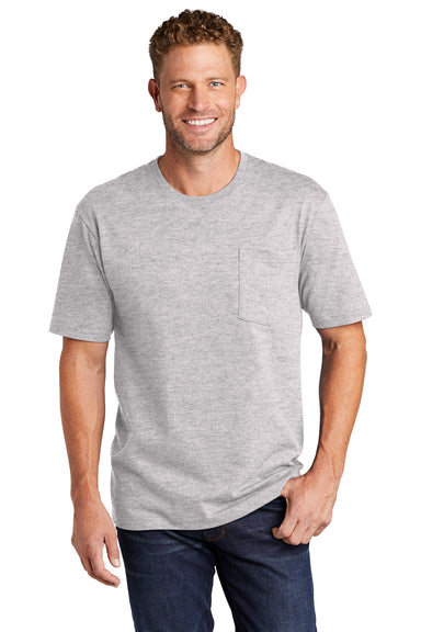 CornerStone CS430 Mens Short Sleeve Crewneck T-Shirt w/ Pocket Heather Grey Model Front