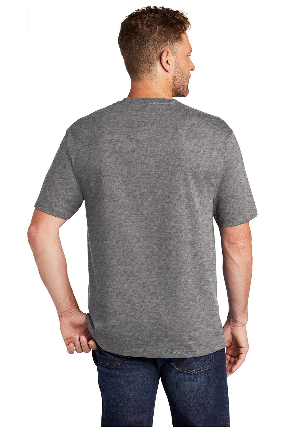 CornerStone CS430 Mens Short Sleeve Crewneck T-Shirt w/ Pocket Heather Charcoal Grey Model Back