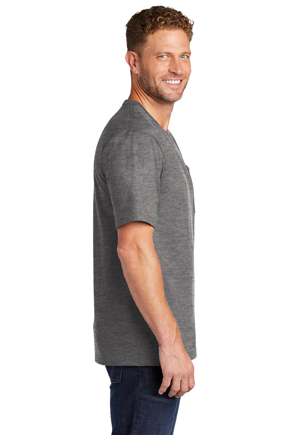 CornerStone CS430 Mens Short Sleeve Crewneck T-Shirt w/ Pocket Heather Charcoal Grey Model Side