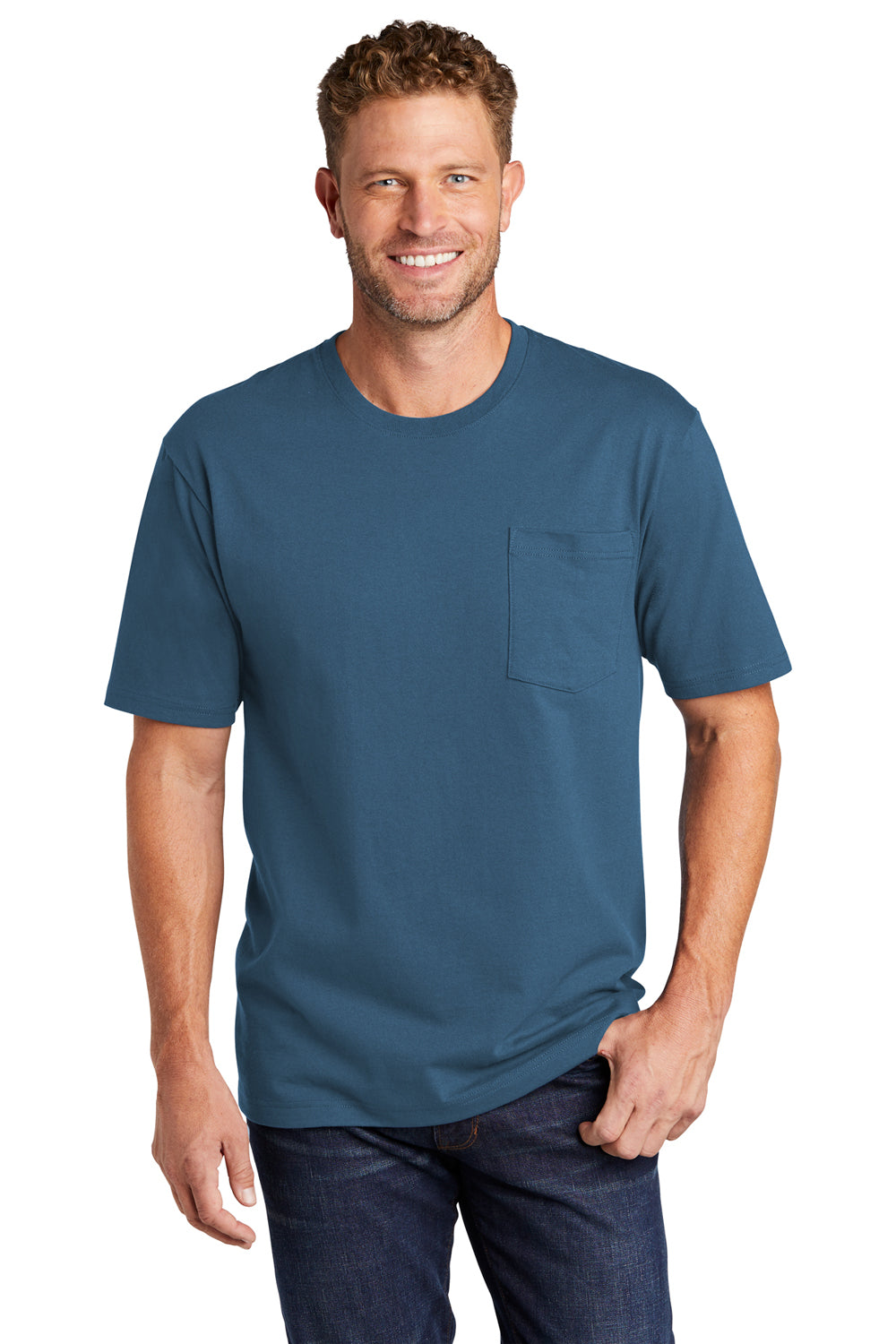 CornerStone CS430 Mens Short Sleeve Crewneck T-Shirt w/ Pocket Regatta Blue Model Front