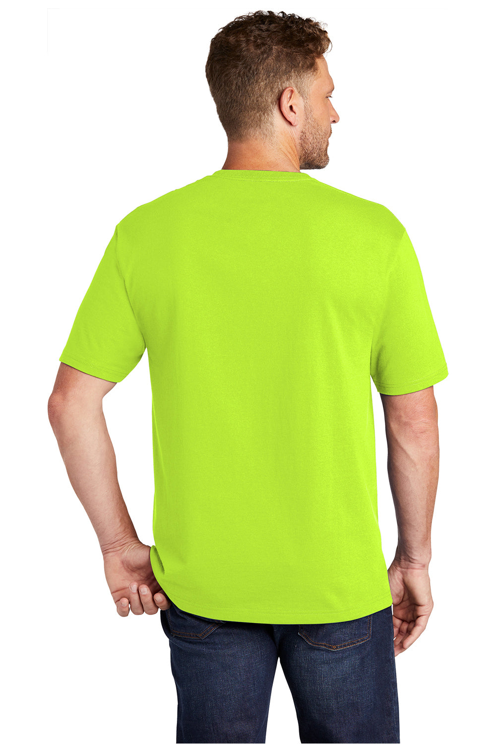 CornerStone CS430 Mens Short Sleeve Crewneck T-Shirt w/ Pocket Safety Green Model Back