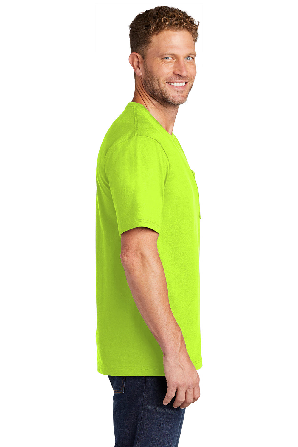 CornerStone CS430 Mens Short Sleeve Crewneck T-Shirt w/ Pocket Safety Green Model Side