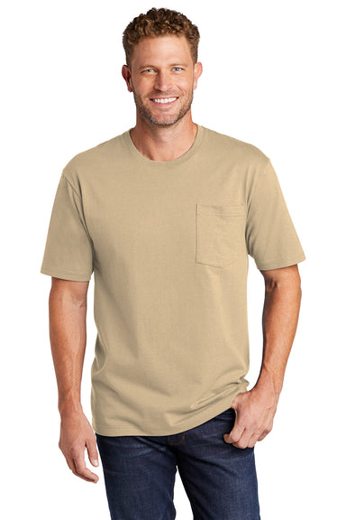 CornerStone CS430 Mens Short Sleeve Crewneck T-Shirt w/ Pocket Tan Model Front