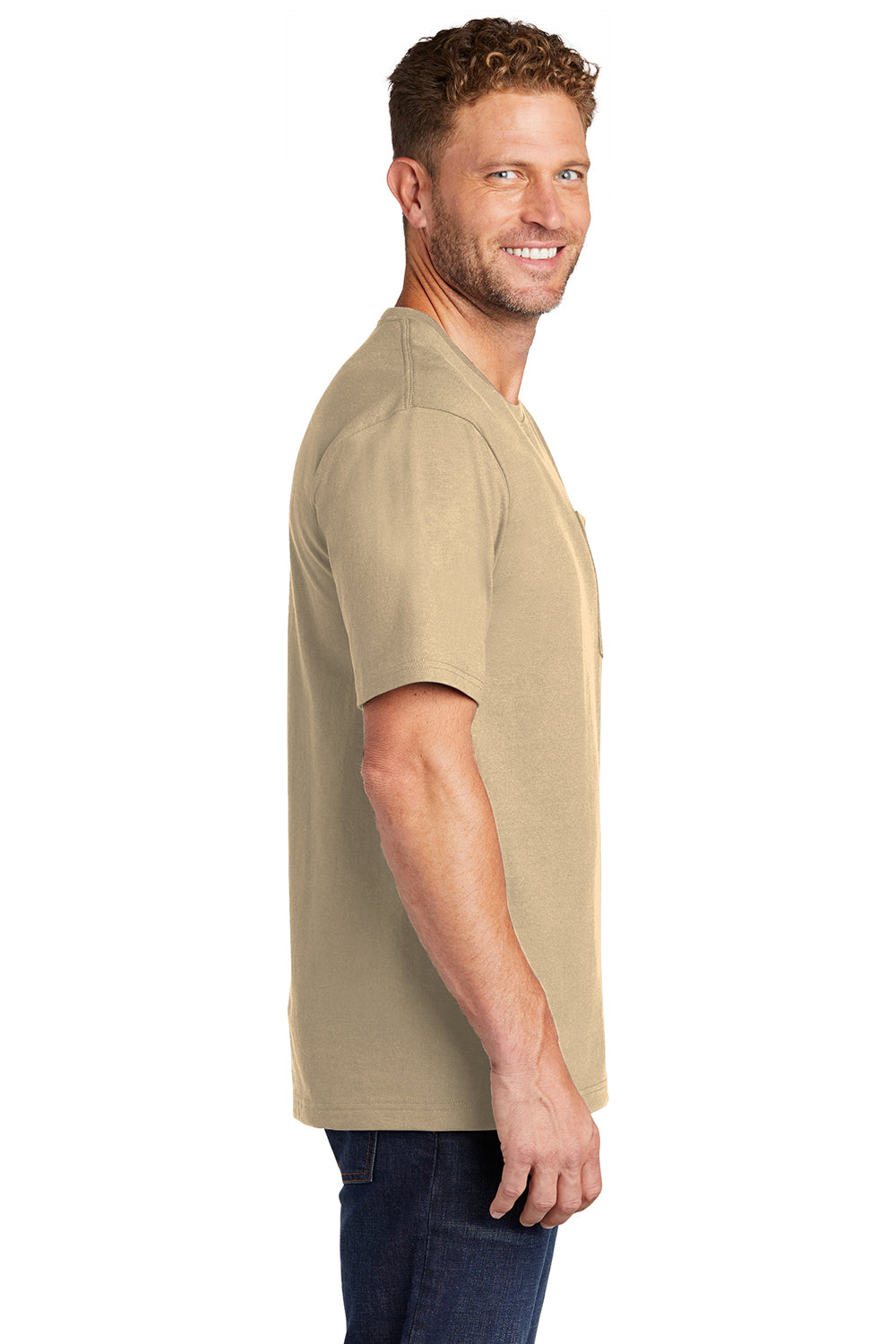 CornerStone CS430 Mens Short Sleeve Crewneck T-Shirt w/ Pocket Tan Model Side