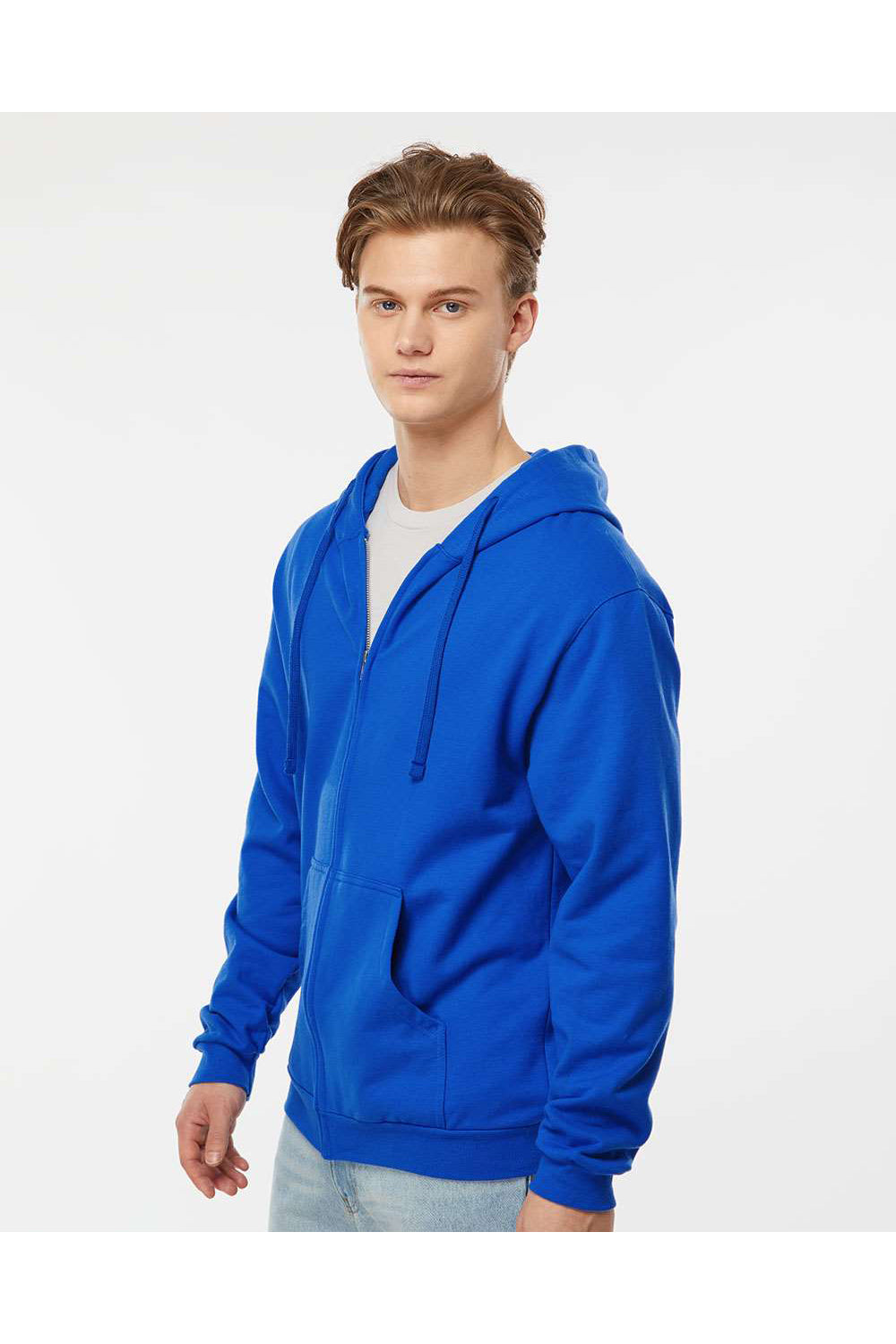 Tultex 331 Mens Full Zip Hooded Sweatshirt Hoodie Royal Blue Model Side