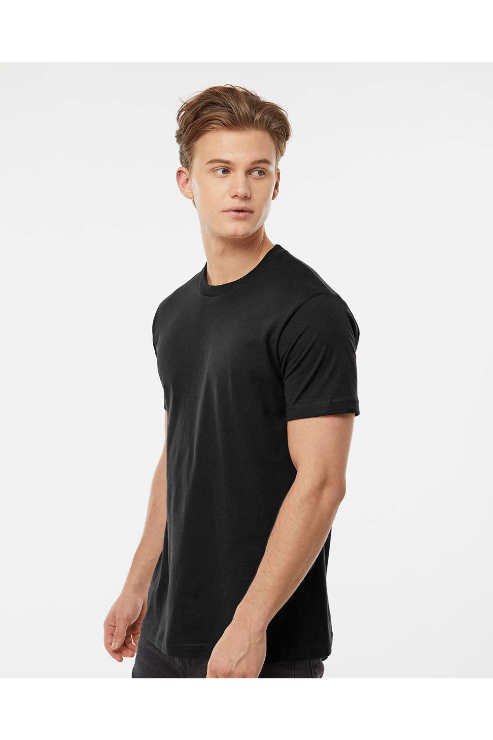 Tultex 202 Mens Fine Jersey Short Sleeve Crewneck T-Shirt Black Model Side