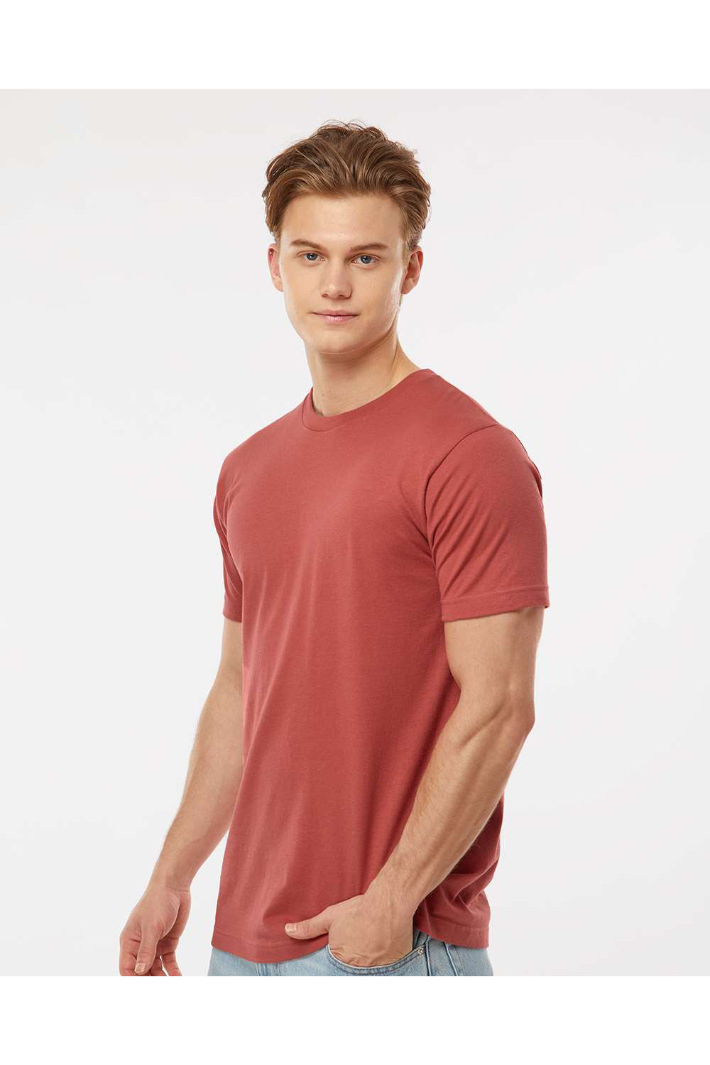 Tultex 202 Mens Fine Jersey Short Sleeve Crewneck T-Shirt Terracotta Red Model Side