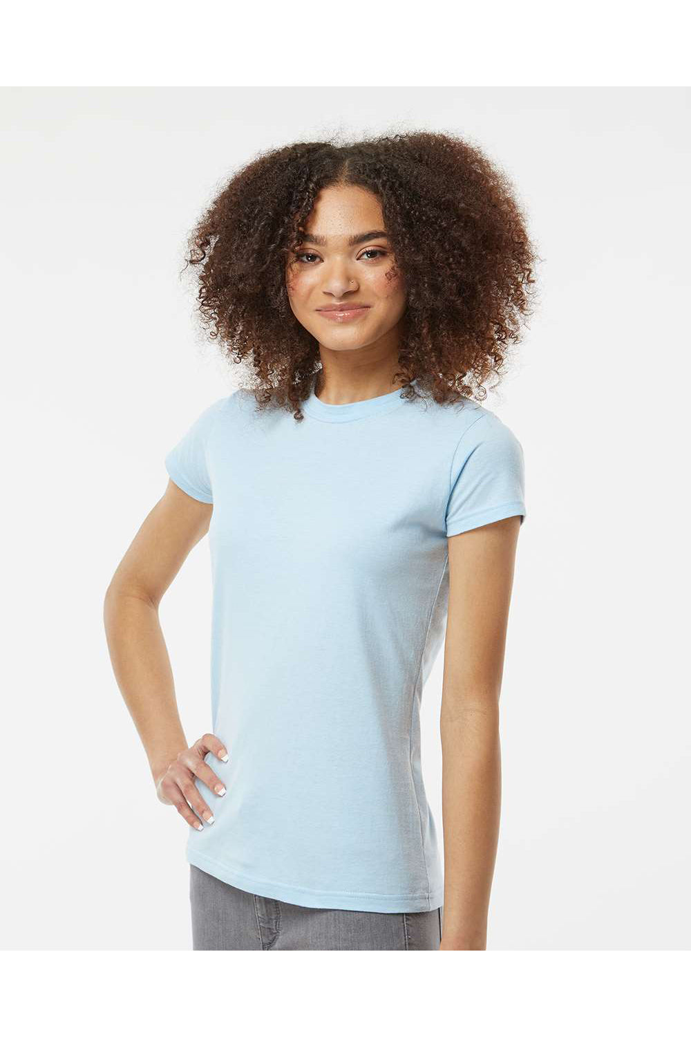 Tultex 213 Womens Fine Jersey Slim Fit Short Sleeve Crewneck T-Shirt Baby Blue Model Side