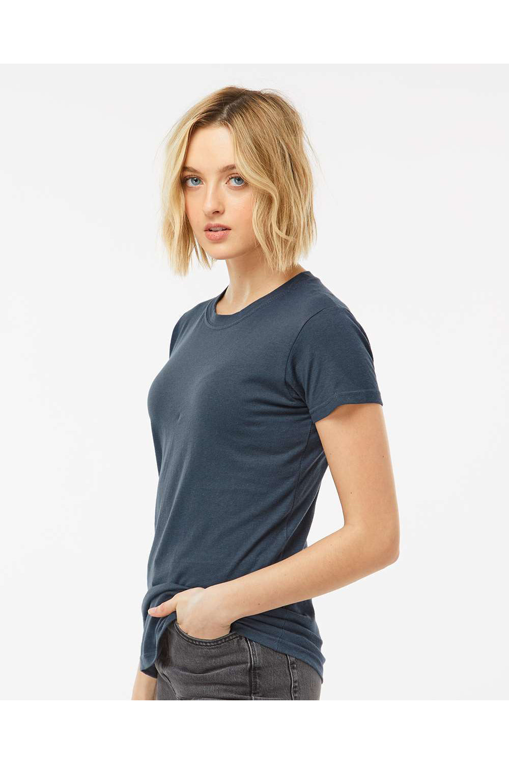 Tultex 213 Womens Fine Jersey Slim Fit Short Sleeve Crewneck T-Shirt Indigo Blue Model Side