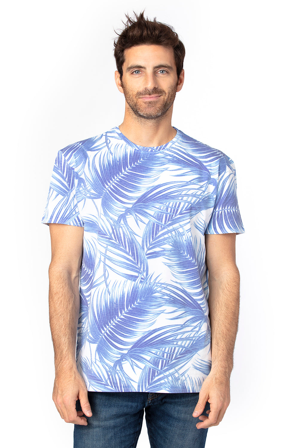 Threadfast Apparel 100A Mens Ultimate Short Sleeve Crewneck T-Shirt Palm Paradise Model Front