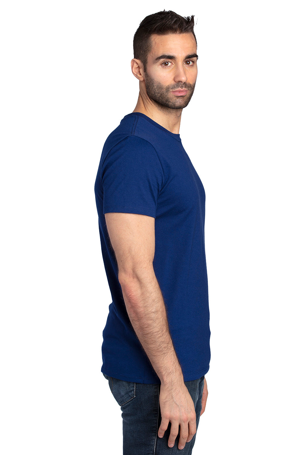 Threadfast Apparel 100A Mens Ultimate Short Sleeve Crewneck T-Shirt Navy Blue Model Side