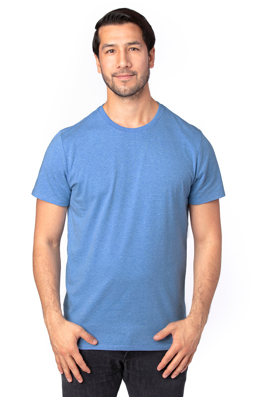 Threadfast Apparel 100A Mens Ultimate Short Sleeve Crewneck T-Shirt Heather Royal Blue Model Front