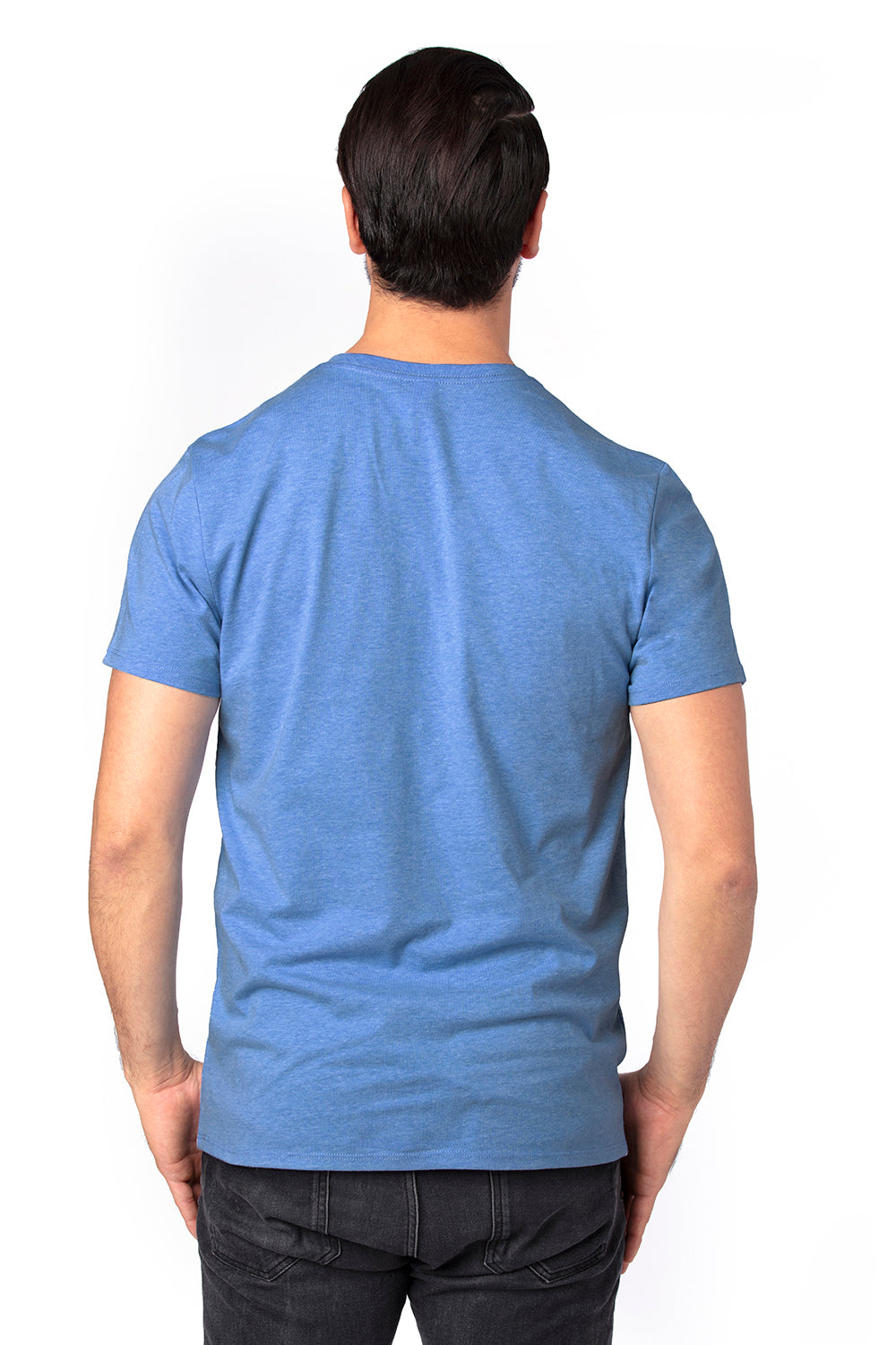 Threadfast Apparel 100A Mens Ultimate Short Sleeve Crewneck T-Shirt Heather Royal Blue Model Back