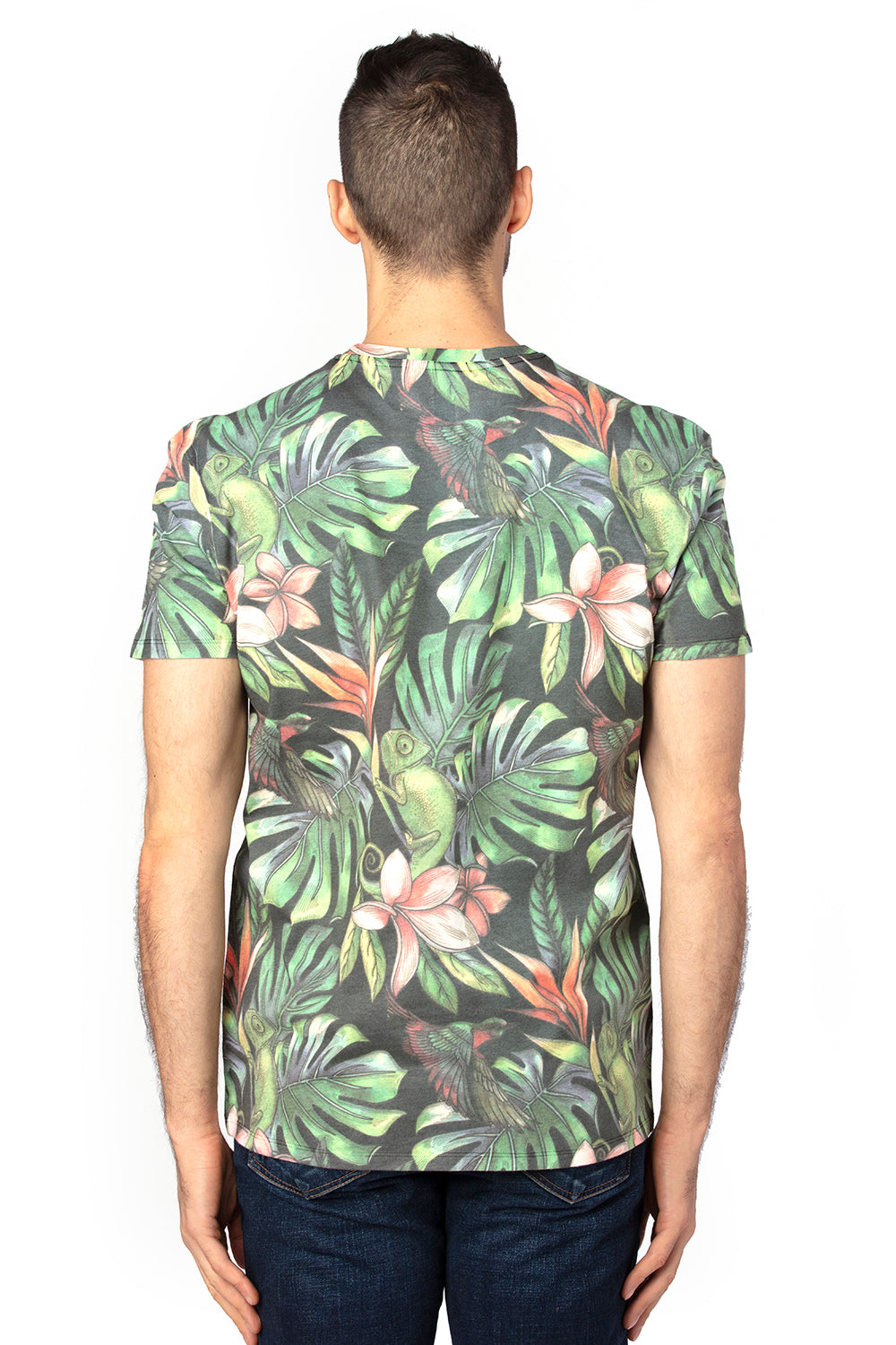 Threadfast Apparel 100A Mens Ultimate Short Sleeve Crewneck T-Shirt Tropical Jungle Model Back