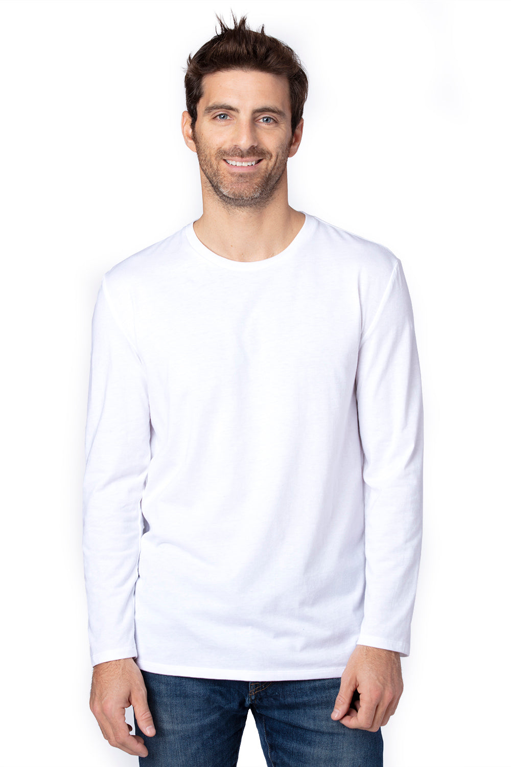 Threadfast Apparel 100LS Mens Ultimate Long Sleeve Crewneck T-Shirt White Model Front