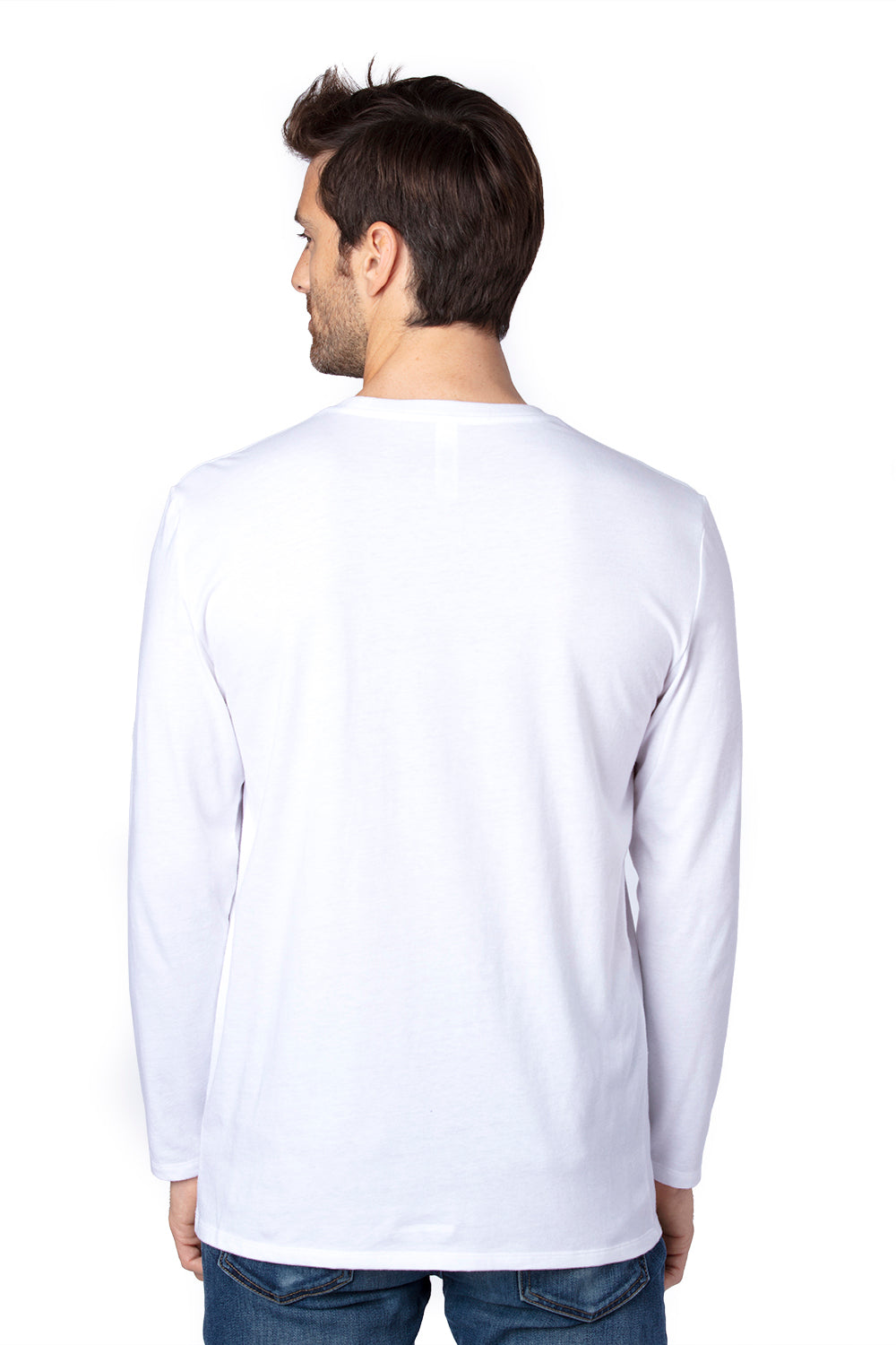 Threadfast Apparel 100LS Mens Ultimate Long Sleeve Crewneck T-Shirt White Model Back