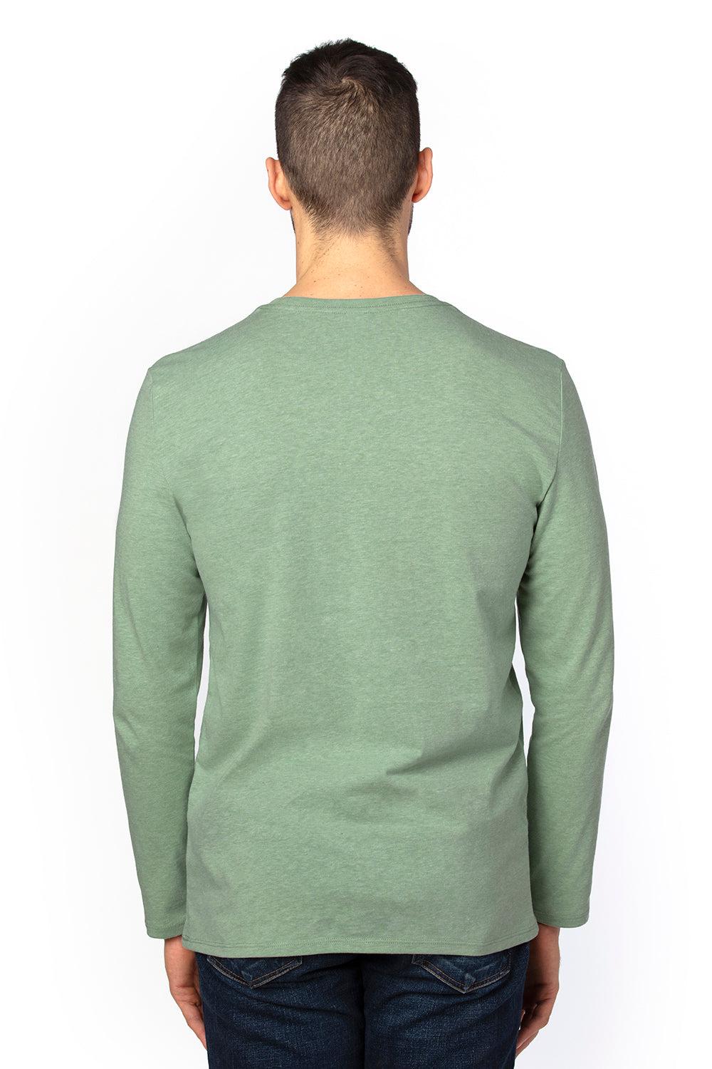 Threadfast Apparel 100LS Mens Ultimate Long Sleeve Crewneck T-Shirt Heather Army Green Model Back