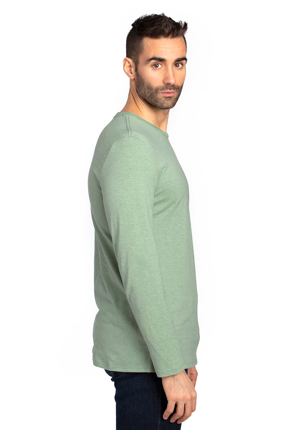 Threadfast Apparel 100LS Mens Ultimate Long Sleeve Crewneck T-Shirt Heather Army Green Model Side