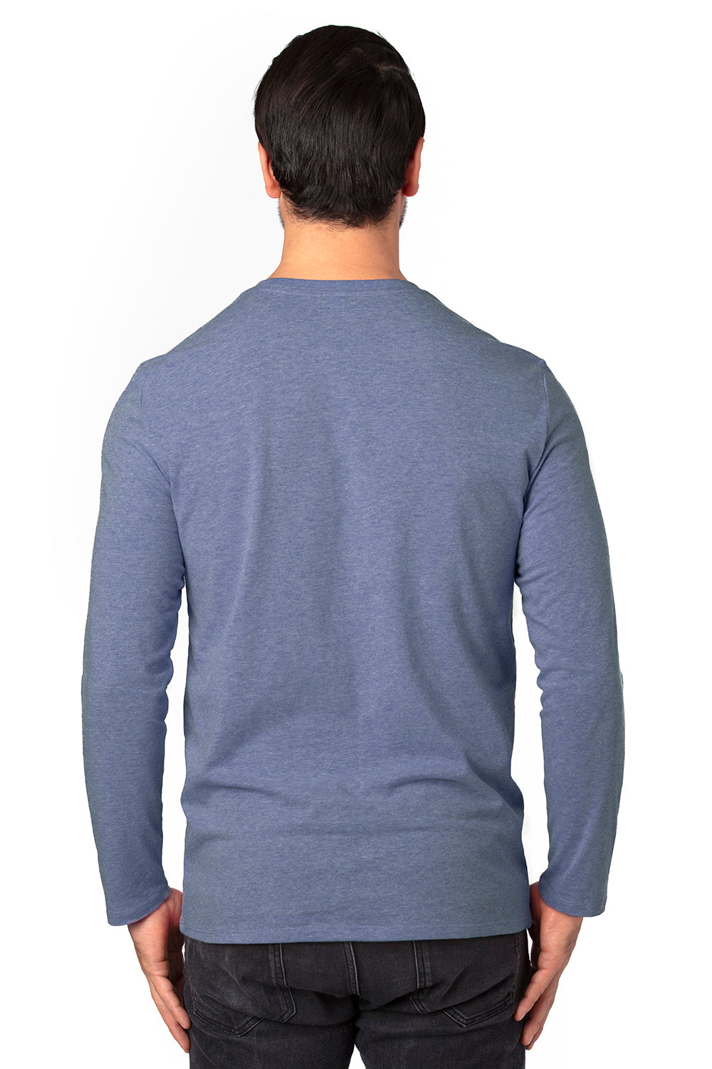 Threadfast Apparel 100LS Mens Ultimate Long Sleeve Crewneck T-Shirt Heather Navy Blue Model Back