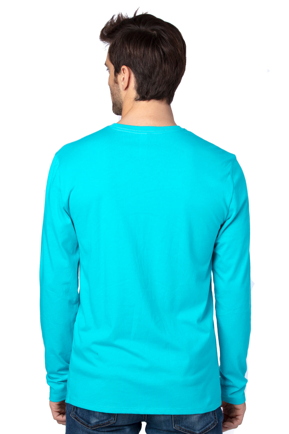 Threadfast Apparel 100LS Mens Ultimate Long Sleeve Crewneck T-Shirt Pacific Blue Model Back