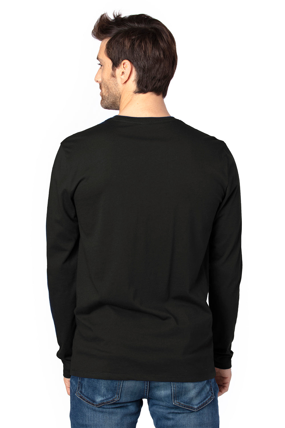 Threadfast Apparel 100LS Mens Ultimate Long Sleeve Crewneck T-Shirt Black Model Back