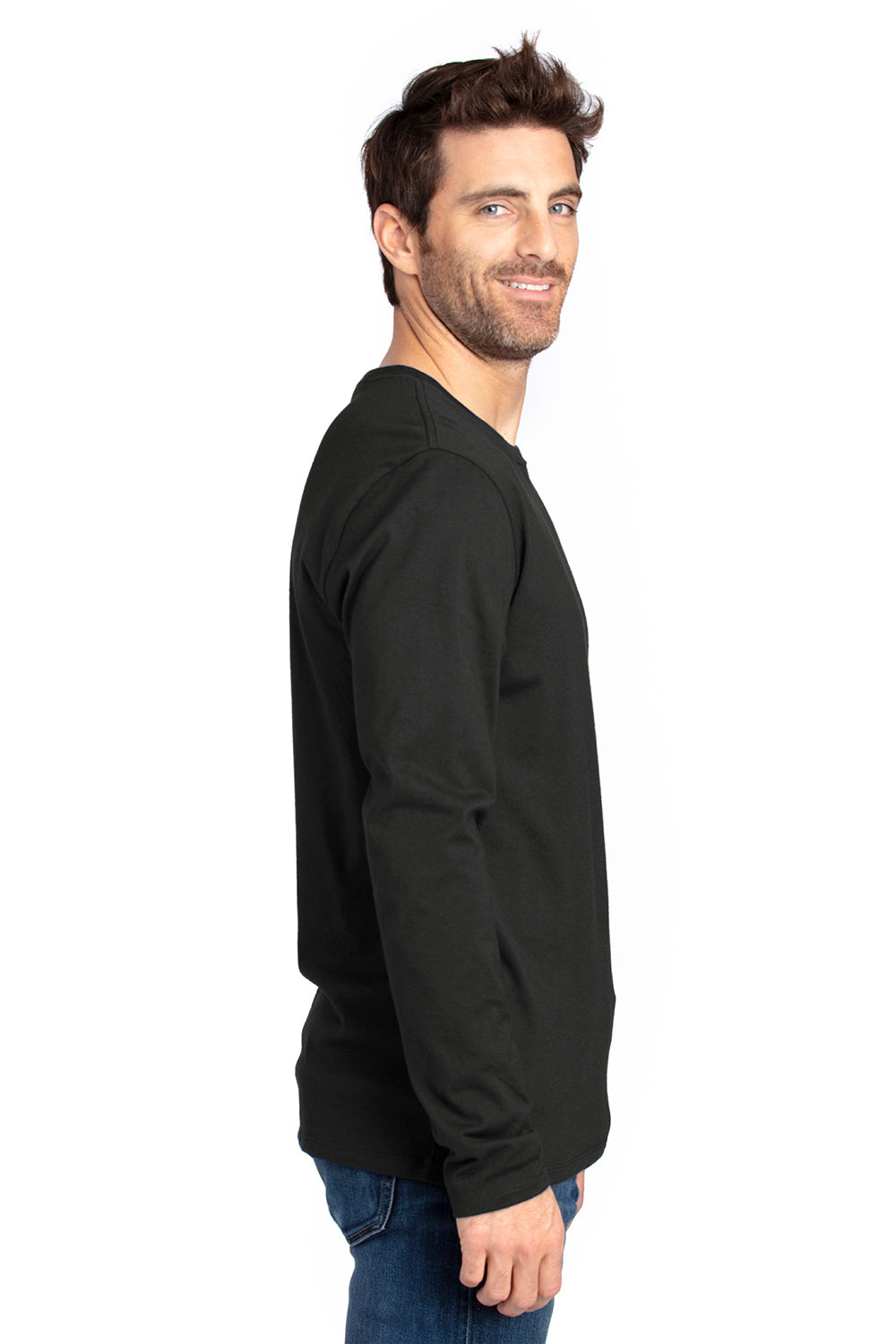 Threadfast Apparel 100LS Mens Ultimate Long Sleeve Crewneck T-Shirt Black Model Side