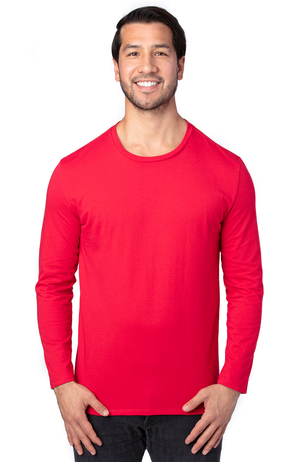 Threadfast Apparel 100LS Mens Ultimate Long Sleeve Crewneck T-Shirt Red Model Front