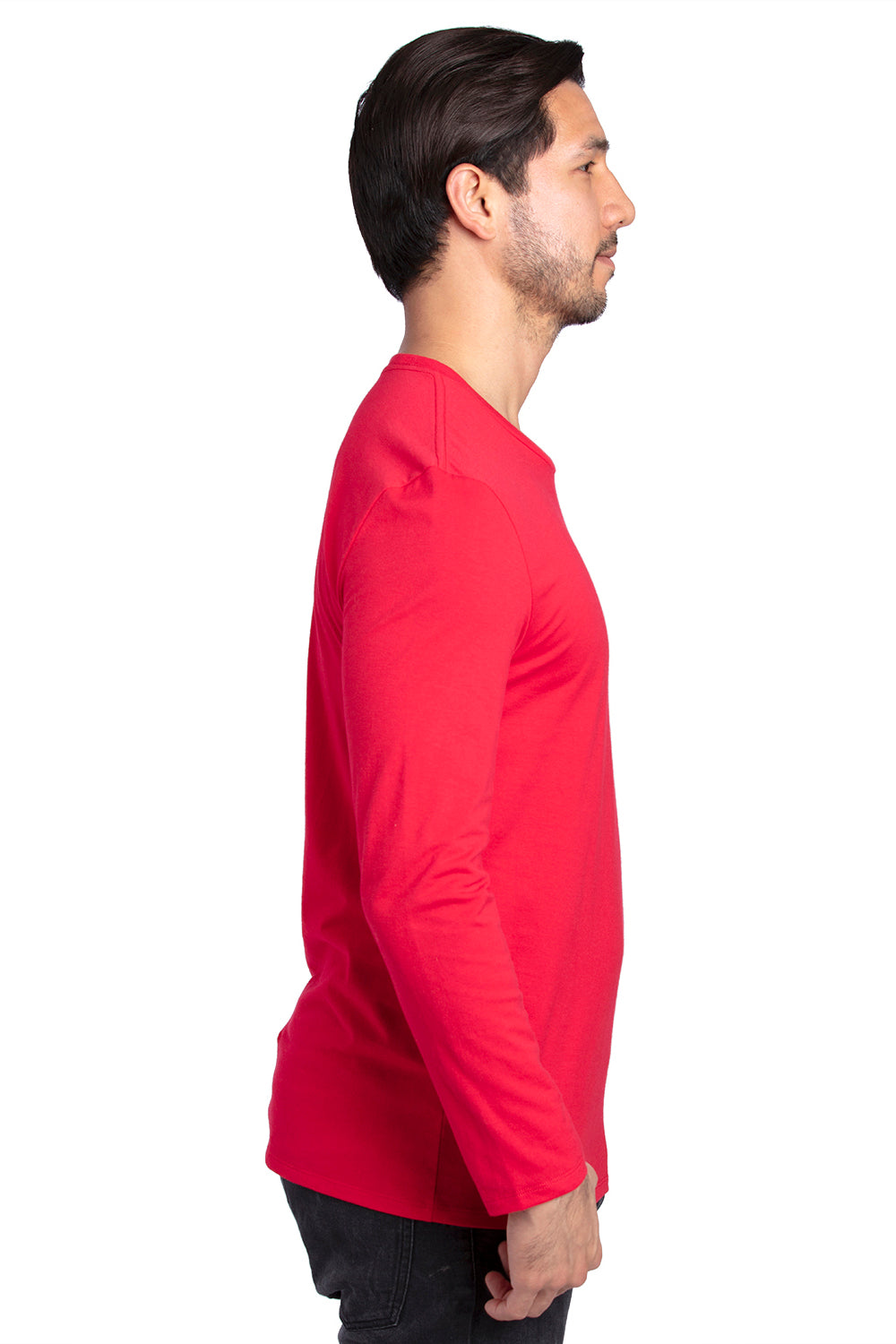 Threadfast Apparel 100LS Mens Ultimate Long Sleeve Crewneck T-Shirt Red Model Side