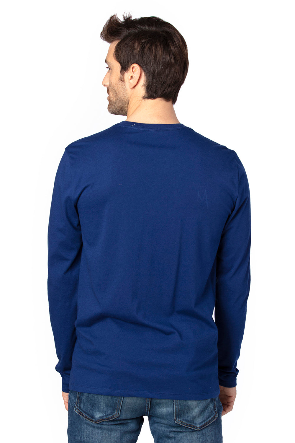 Threadfast Apparel 100LS Mens Ultimate Long Sleeve Crewneck T-Shirt Navy Blue Model Back