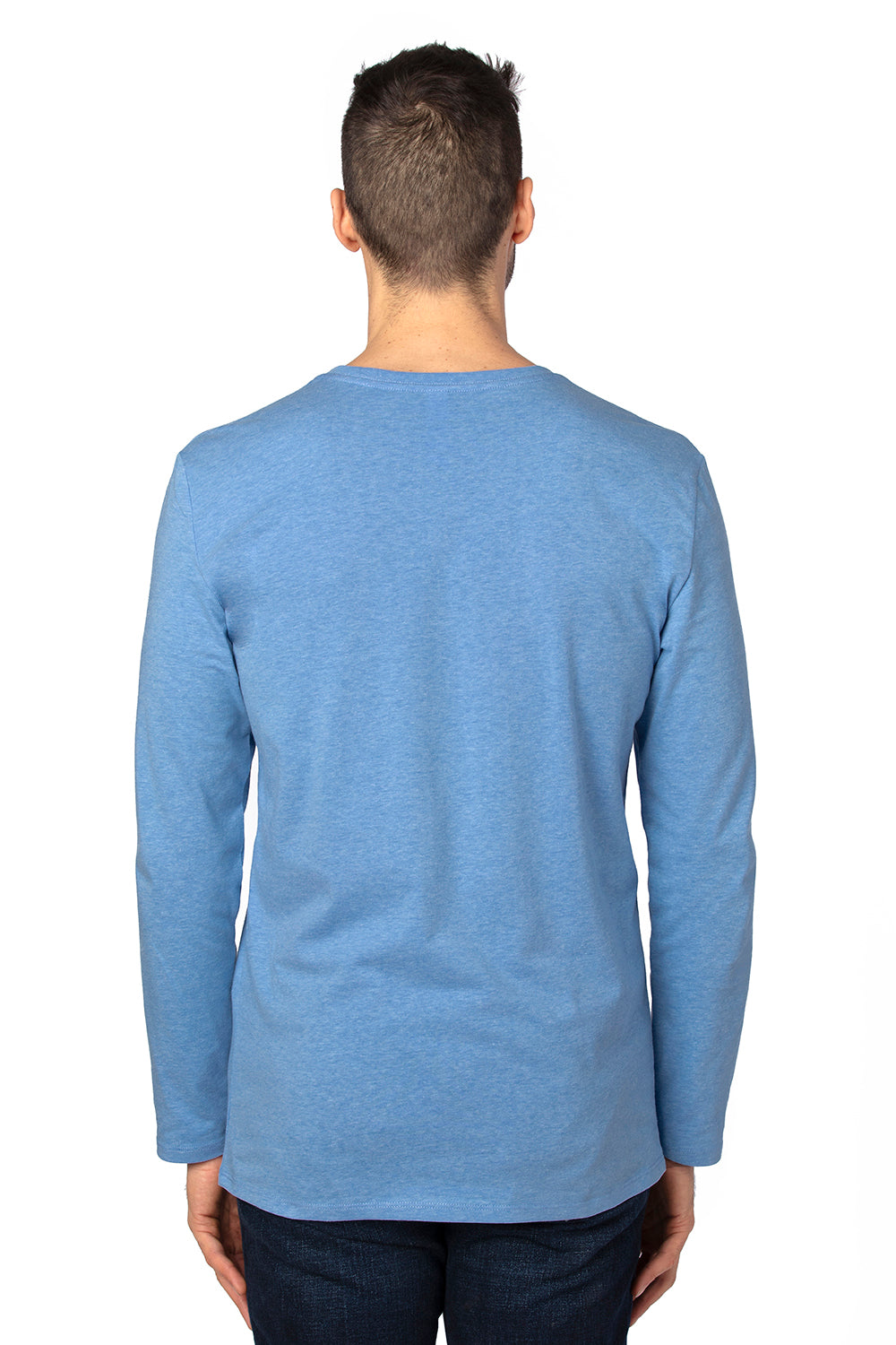 Threadfast Apparel 100LS Mens Ultimate Long Sleeve Crewneck T-Shirt Heather Royal Blue Model Back