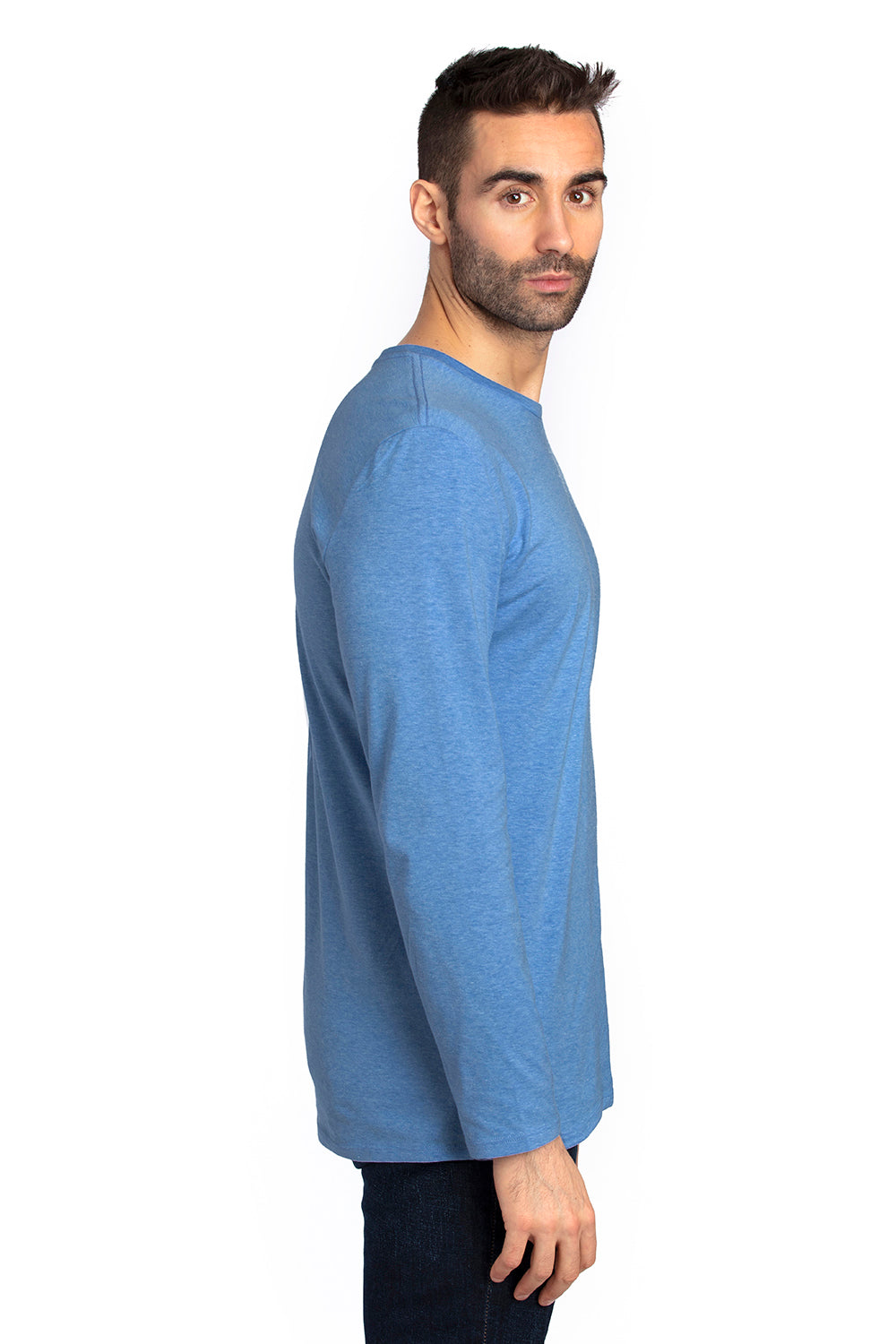 Threadfast Apparel 100LS Mens Ultimate Long Sleeve Crewneck T-Shirt Heather Royal Blue Model Side