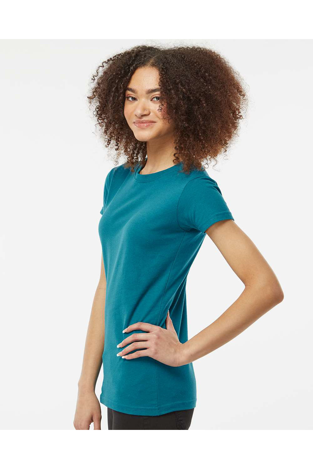 Tultex 213 Womens Fine Jersey Slim Fit Short Sleeve Crewneck T-Shirt Teal Blue Model Side
