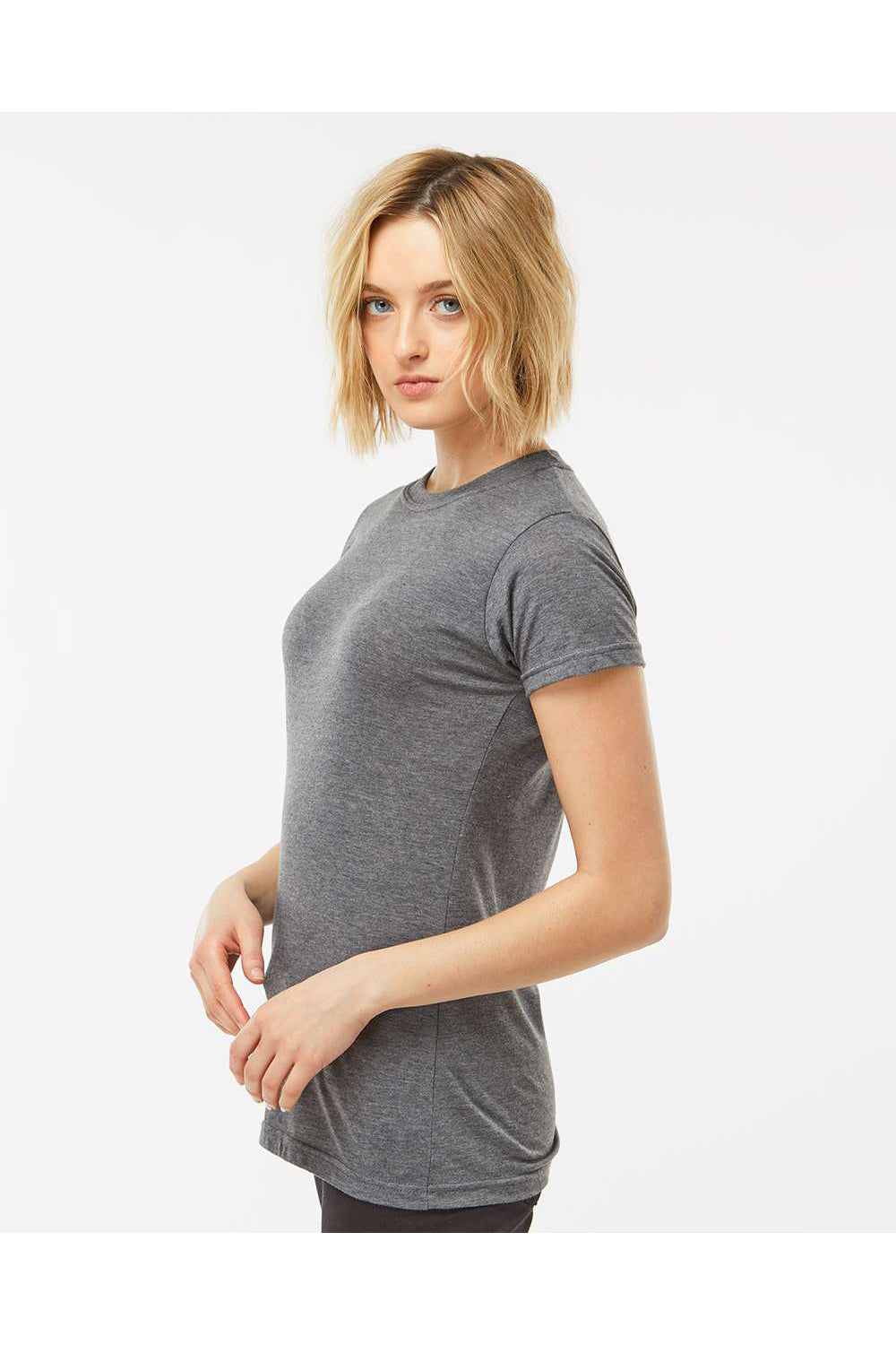 Tultex 240 Womens Poly-Rich Short Sleeve Crewneck T-Shirt Heather Charcoal Grey Model Side