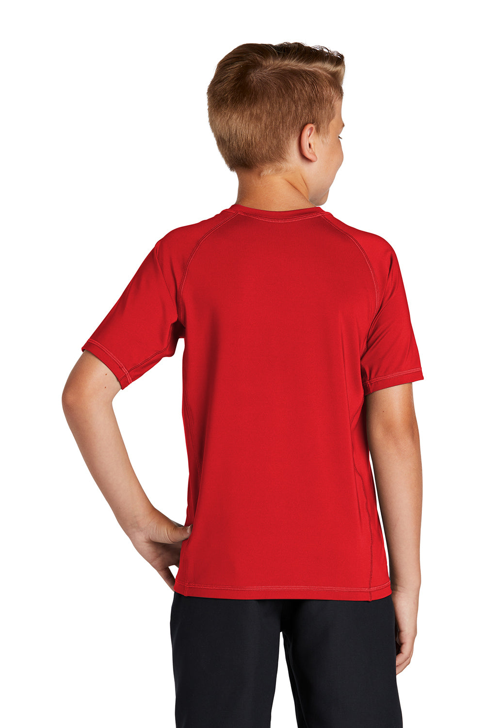 Sport-Tek YST470 Youth Rashguard Moisture Wicking Short Sleeve Crewneck T-Shirt True Red Model Back