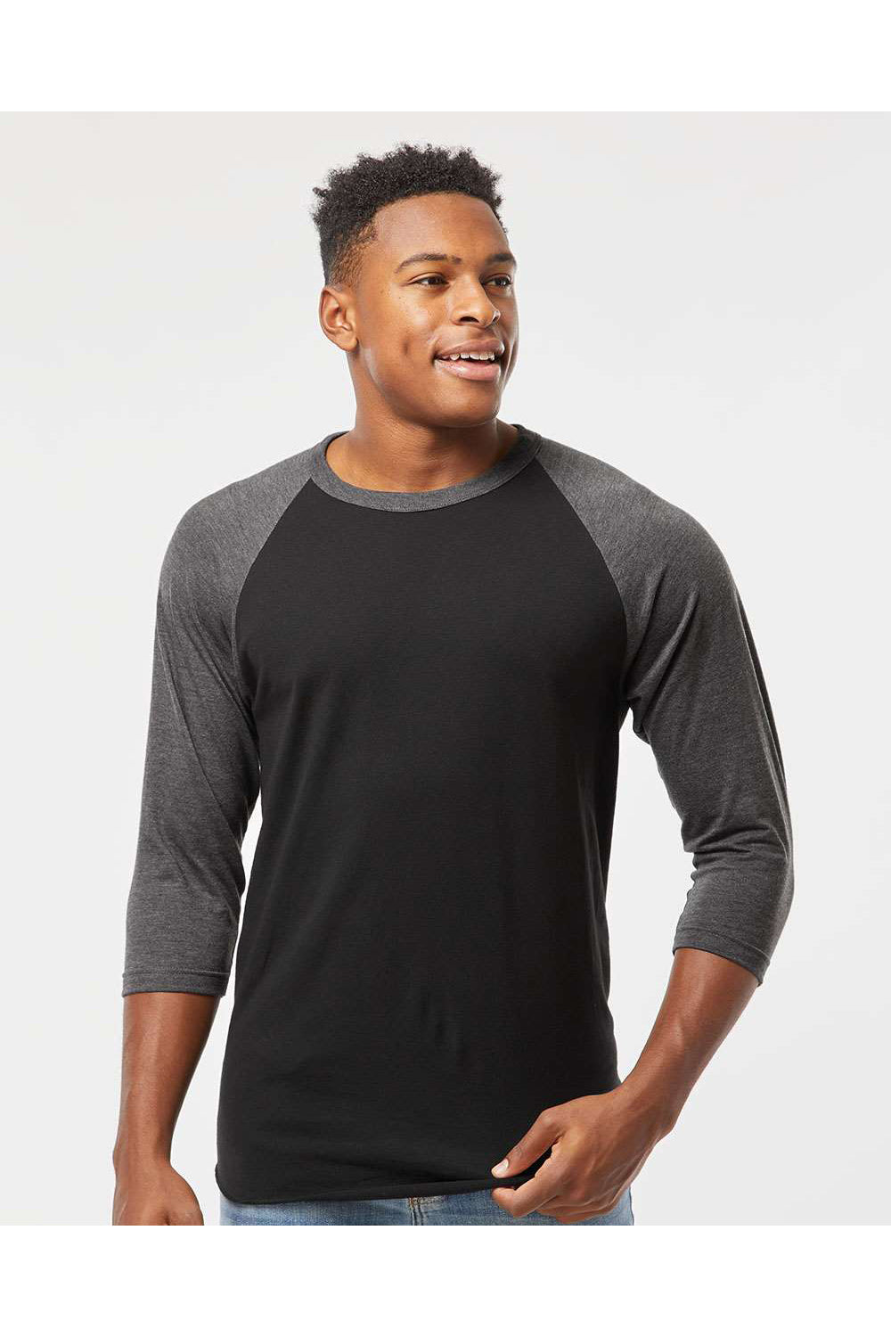 Tultex 245 Mens Fine Jersey Raglan 3/4 Sleeve Crewneck T-Shirt Black/Heather Charcoal Grey Model Front