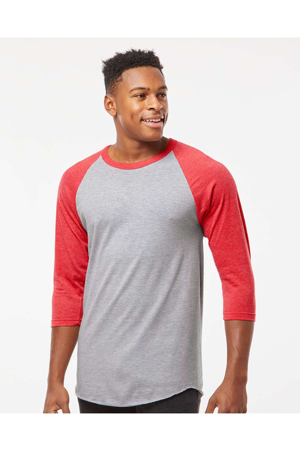 Tultex 245 Mens Fine Jersey Raglan 3/4 Sleeve Crewneck T-Shirt Heather Grey/Heather Red Model Front