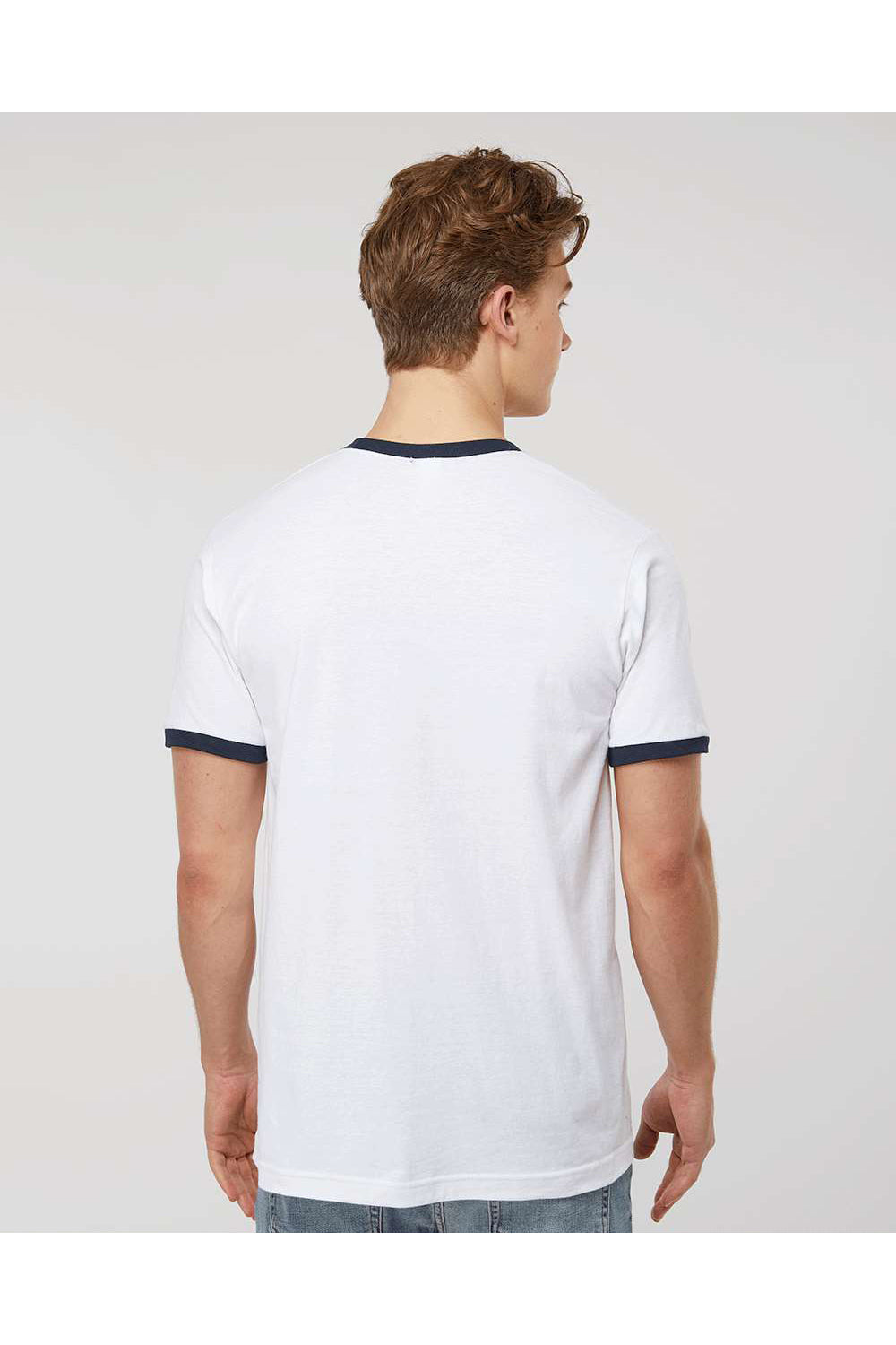 Tultex 246 Mens Fine Jersey Ringer Short Sleeve Crewneck T-Shirt White/Navy Blue Model Back