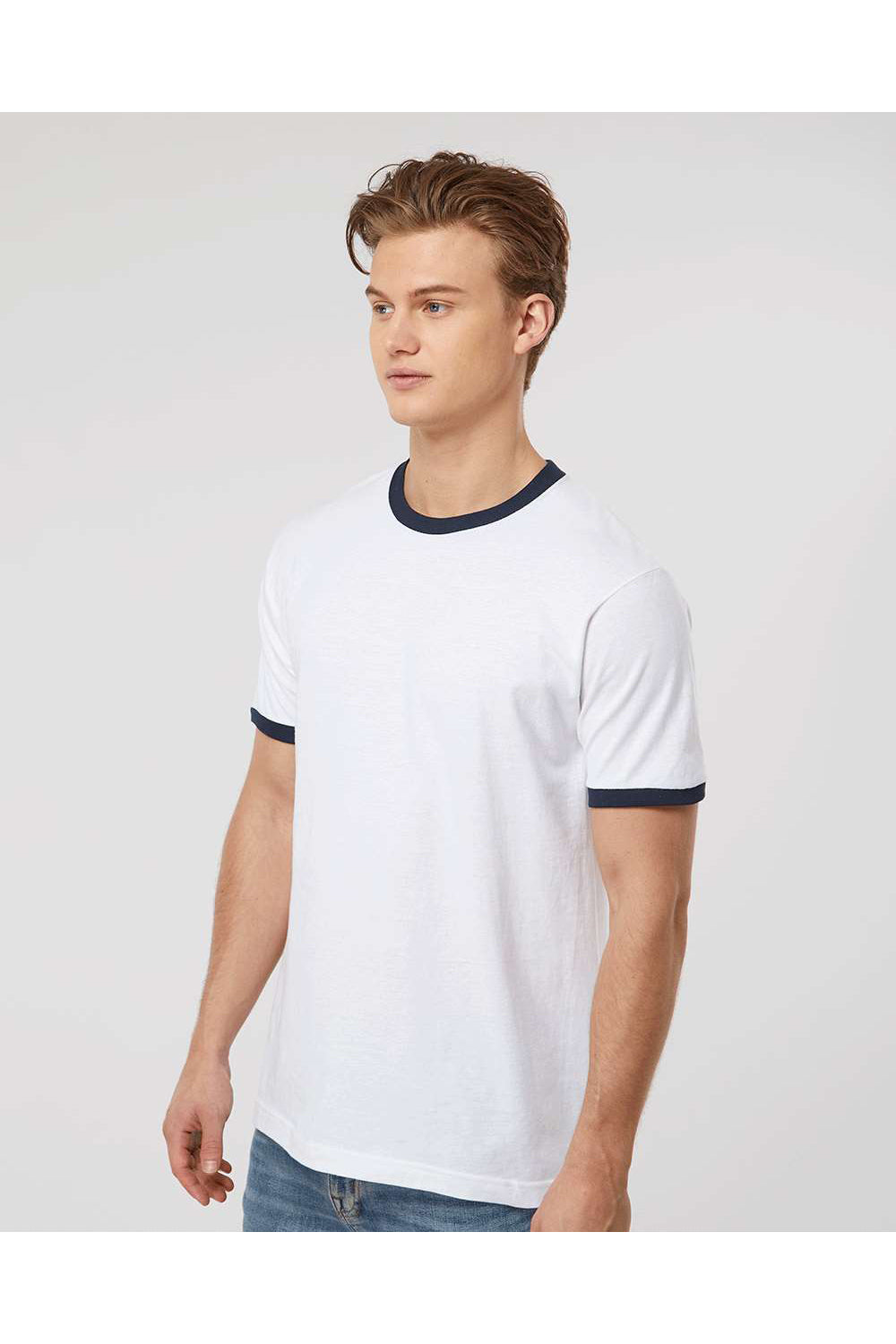 Tultex 246 Mens Fine Jersey Ringer Short Sleeve Crewneck T-Shirt White/Navy Blue Model Side