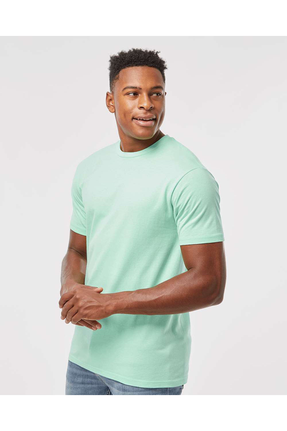 Tultex 290 Mens Jersey Short Sleeve Crewneck T-Shirt Light Mint Green Model Side